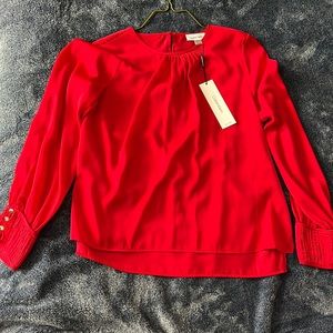 Red Calvin Klein Top Gold Buttons Petite Large NWT